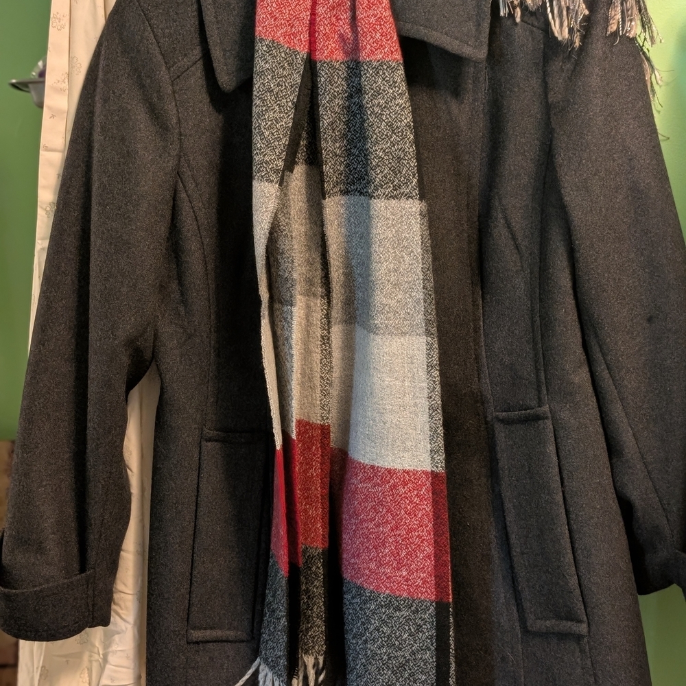 London Fog Black Pea Coat with Red & Gray Plaid Scarf